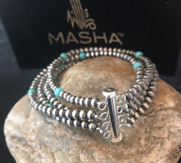 Beads Blue Turquoise Bracelet 4 Strand | Sterling Silver | Authentic Native American Handmade