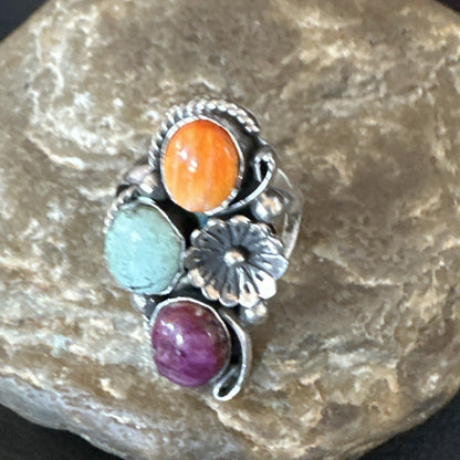 Multicolor Ring Turquoise Spiny Navajo Sterling Silver Cluster Size 8 19170