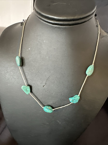Turquoise Liquid Heishi Sterling Silver Nugget  17" Necklace 2930