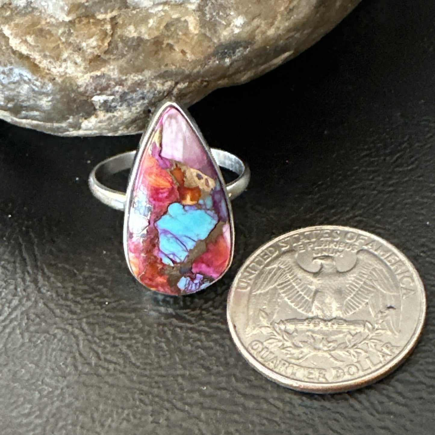 Blue Turquoise Spiny Oyster Southwestern Sterling Silver Ring Size 11 18454