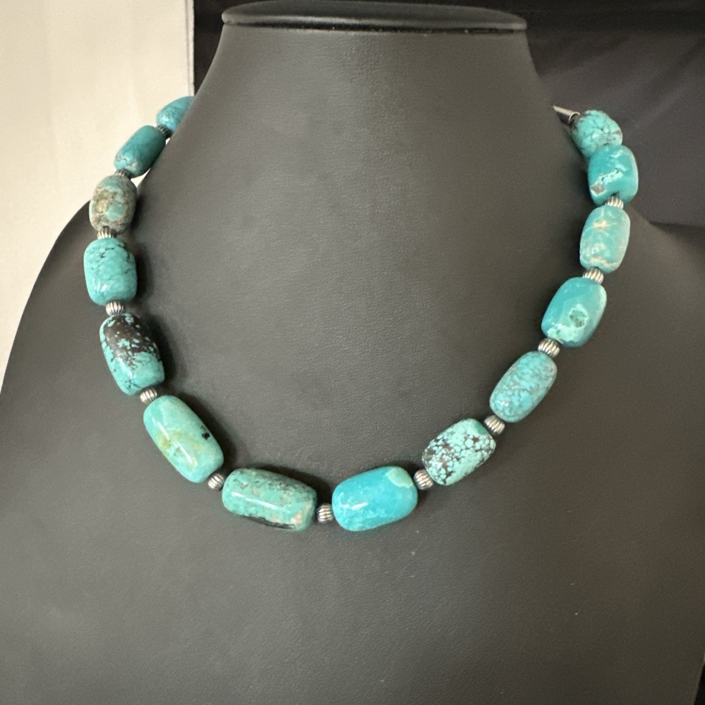 Mens Womens Blue Nugget Turquoise Navajo Sterling Silver Necklace 17.5” 19688