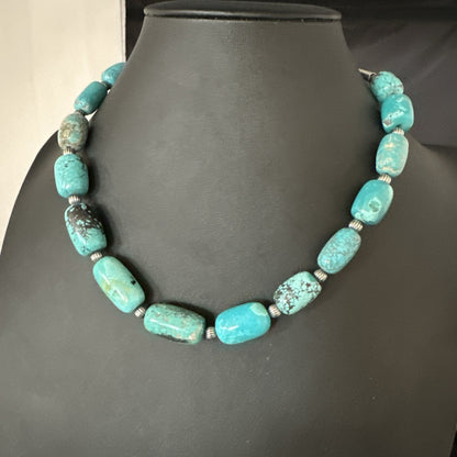Mens Womens Blue Nugget Turquoise Navajo Sterling Silver Necklace 17.5” 19688