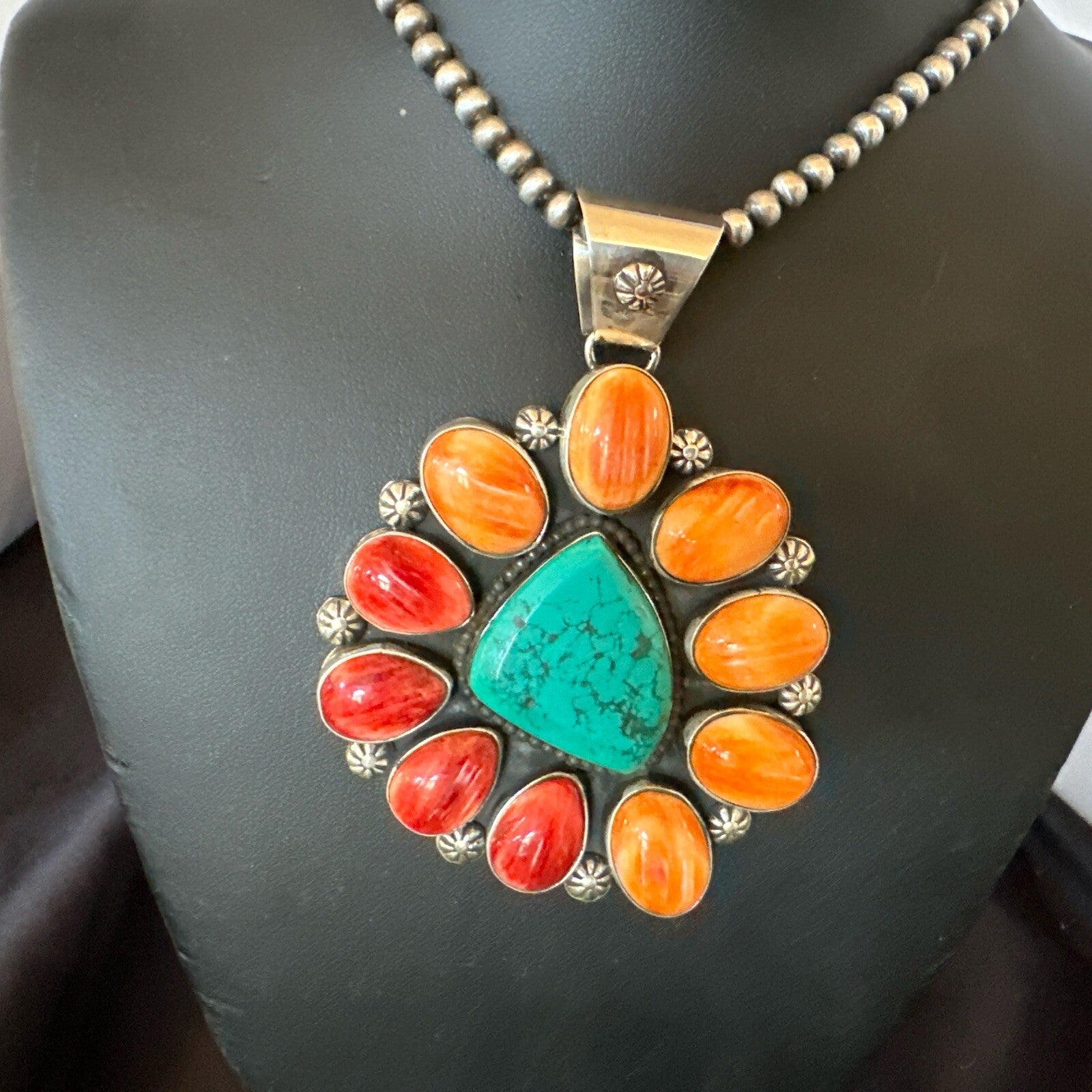 XL Turquoise Orange Spiny Cluster Pendant Navajo Sterling Silver Necklace 18400