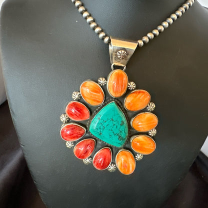 XL Turquoise Orange Spiny Cluster Pendant Navajo Sterling Silver Necklace 18400