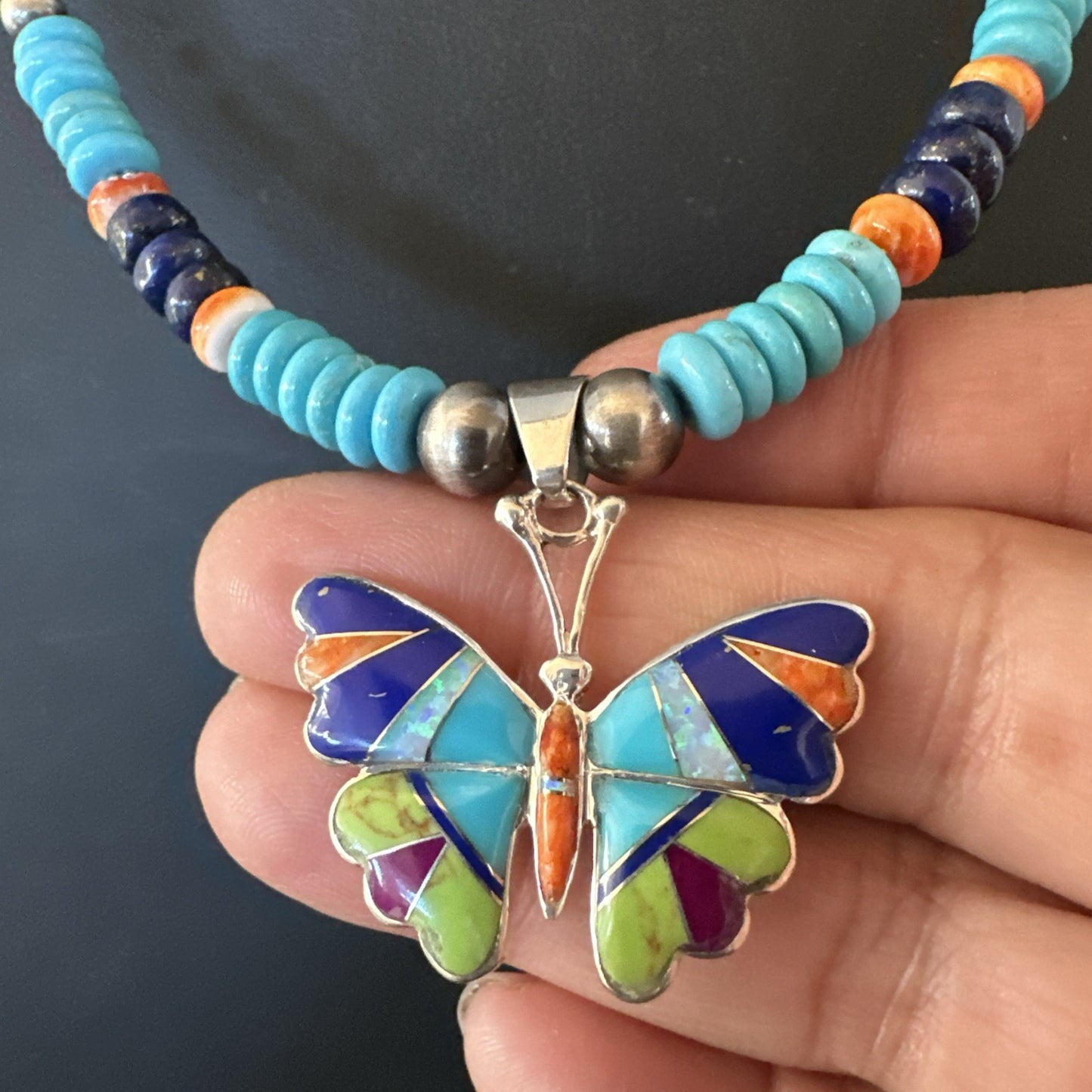 Butterfly Multicolor Turquoise Pendant Navajo Sterling Silver Necklace 19652