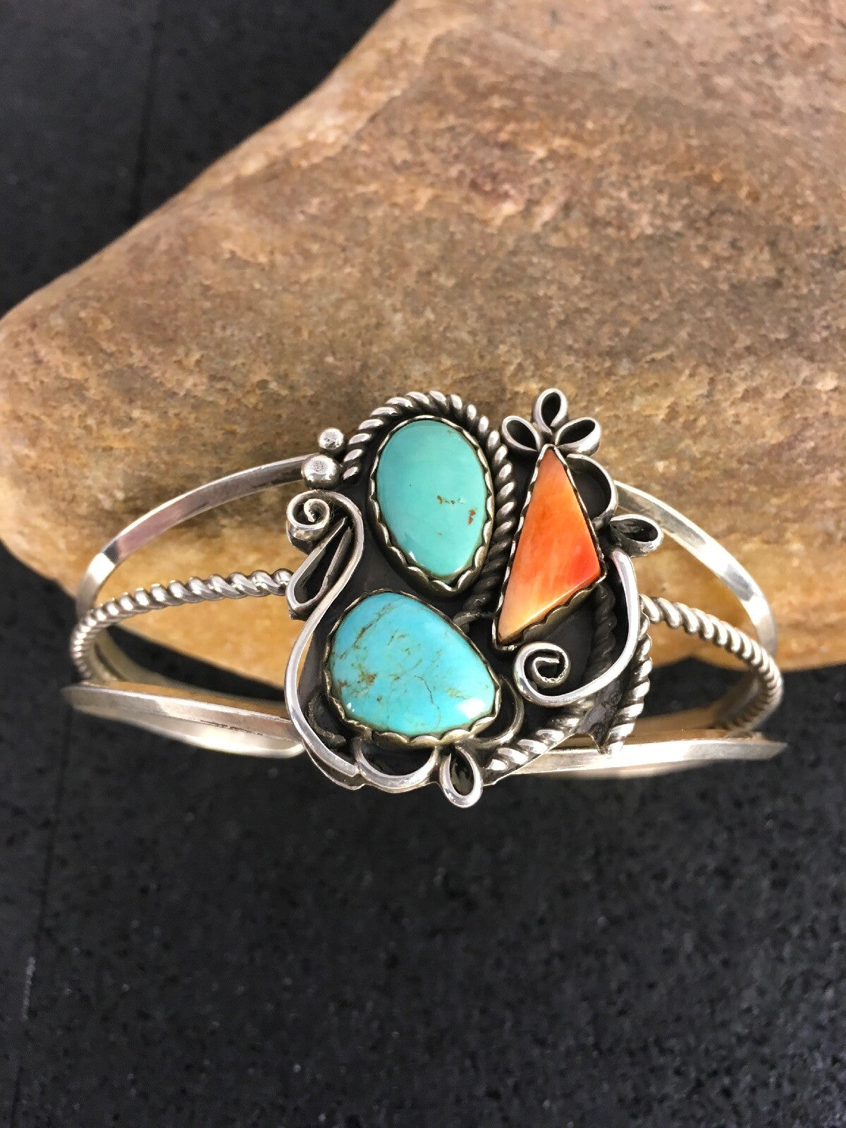 Spiny Oyster & Turquoise Navajo Sterling Silver Bracelet 08846