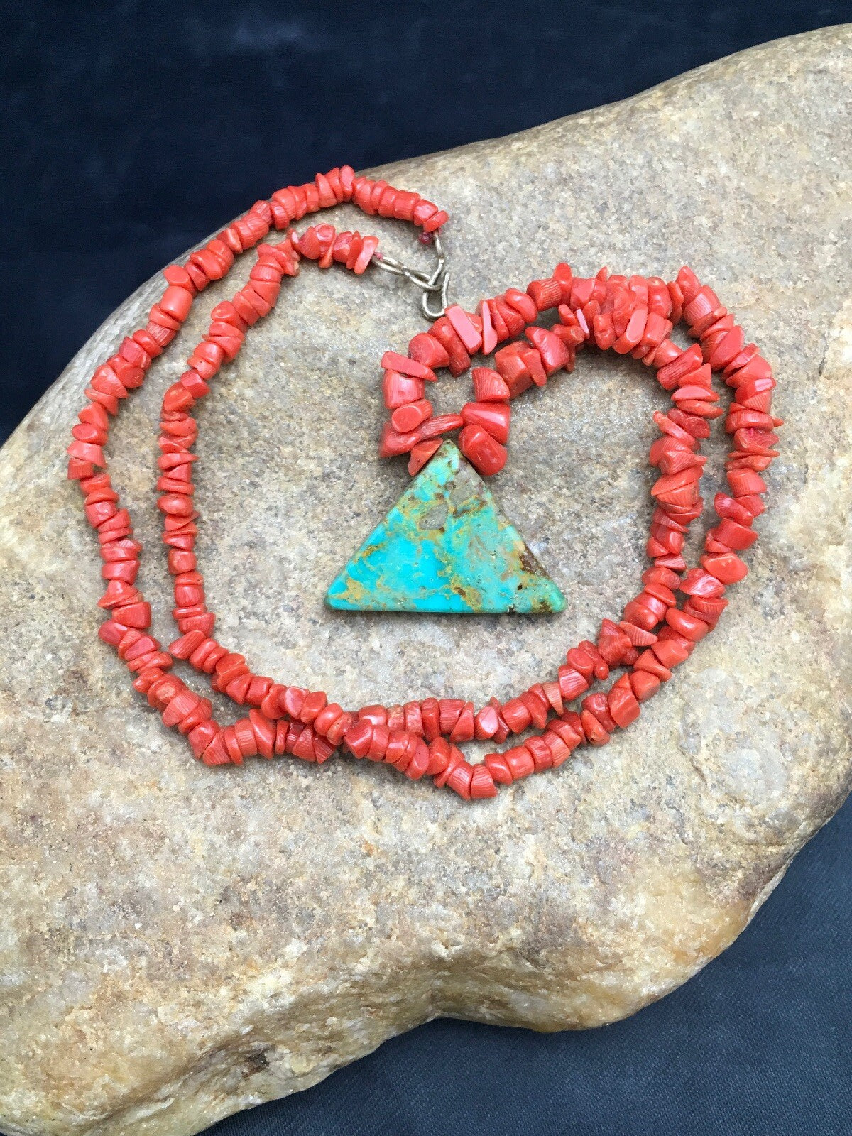 Native Kingman Turquoise Pendant Coral Brass Old Pawn Necklace 19" 04030