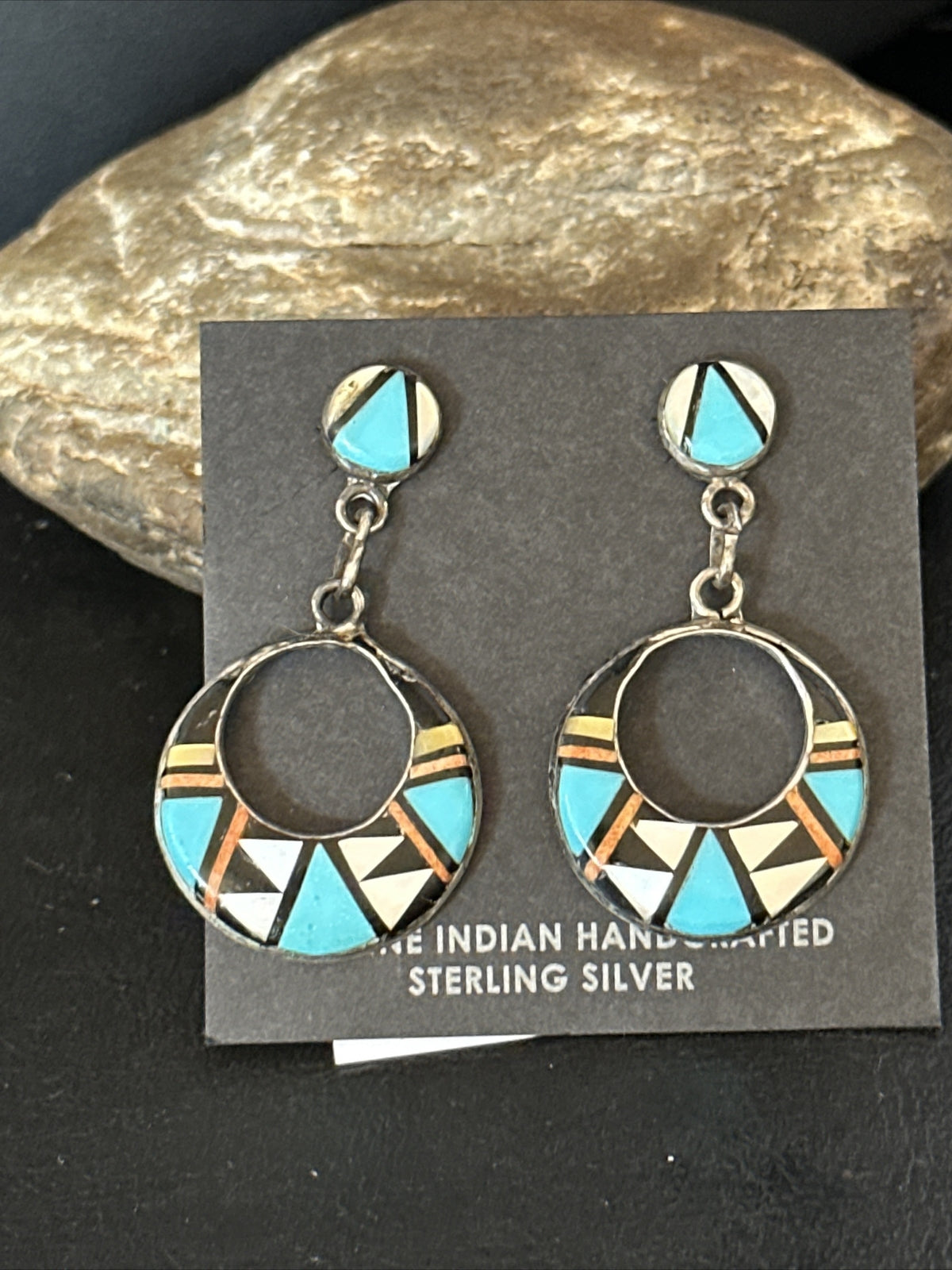 Coral Turquoise Onyx Abalone Zuni Sterling Silver Inlay Earrings 14768