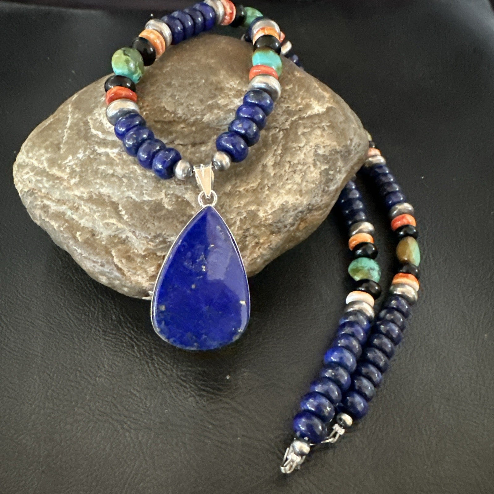 Lapis Turquoise Spiny Necklace Southwestern Sterling Silver Pendant 22” 19470