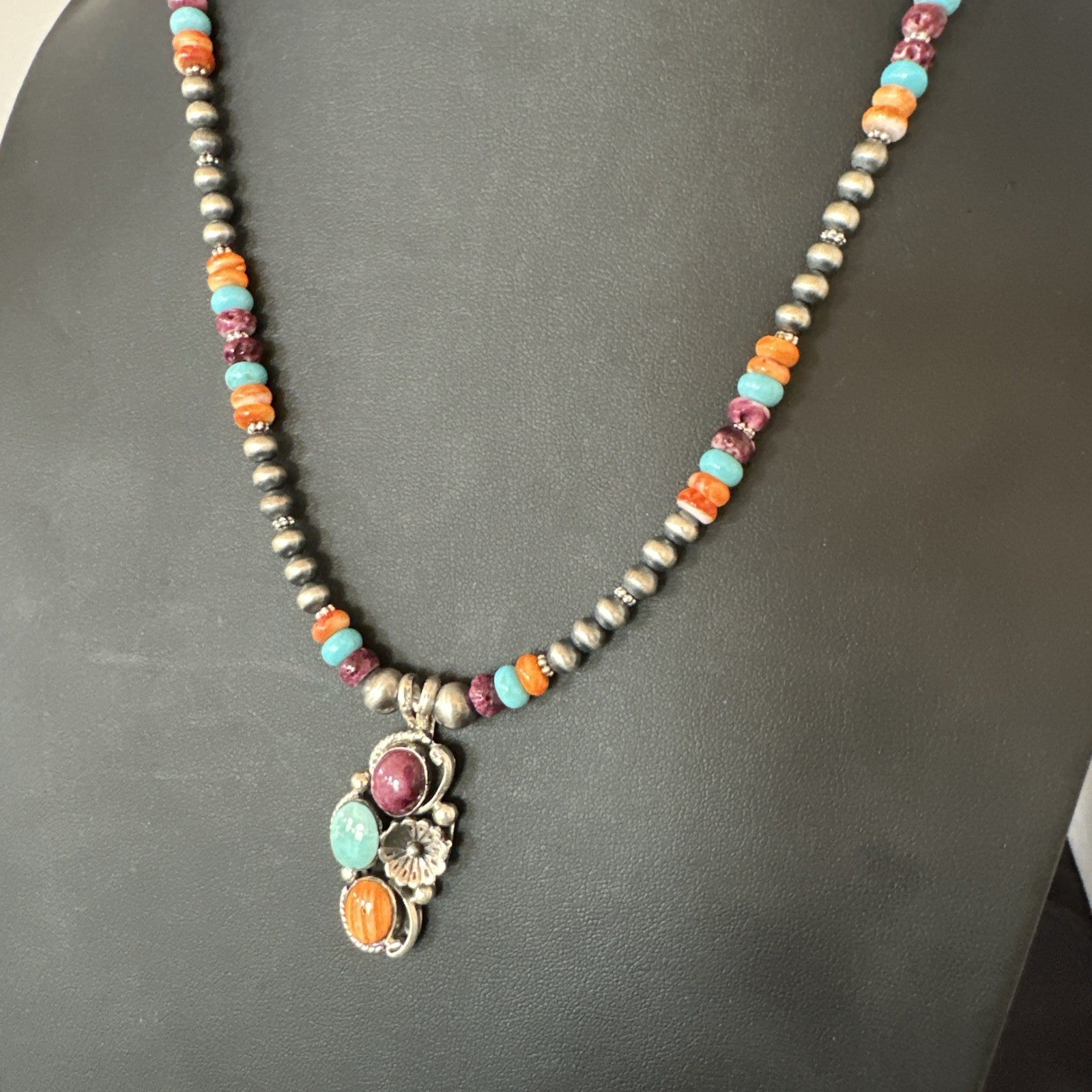 Multicolor Turquoise Spiny Navajo Sterling Silver Cluster Pendant Necklace 19641