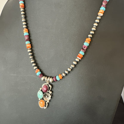 Multicolor Turquoise Spiny Navajo Sterling Silver Cluster Pendant Necklace 19641