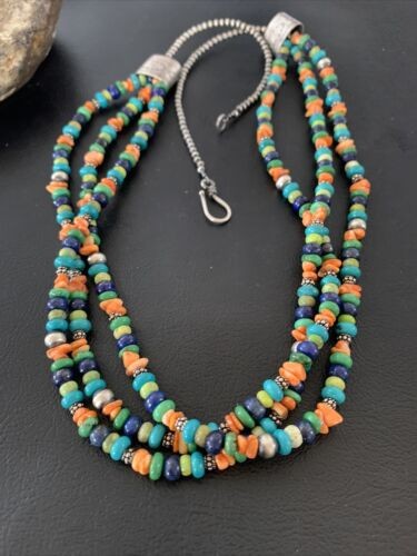 Multi-Color Green Turquoise Spiny Lapis Necklace Sterling Silver 01959