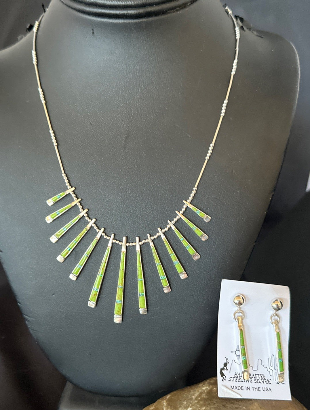 Womens Green Gaspeite Stick Pendant Necklace Earrings Sterling Silver 19151