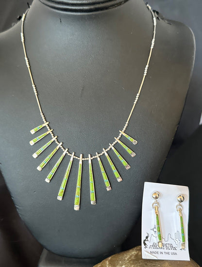 Womens Green Gaspeite Stick Pendant Necklace Earrings Sterling Silver 19151