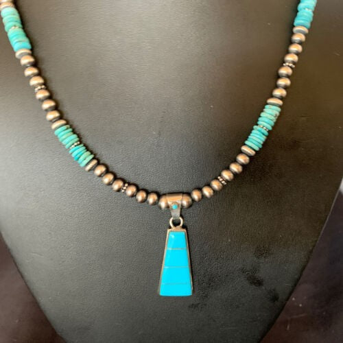 Blue Turquoise Inlay Pendant Navajo Pearls Sterling Silver Necklace 12614