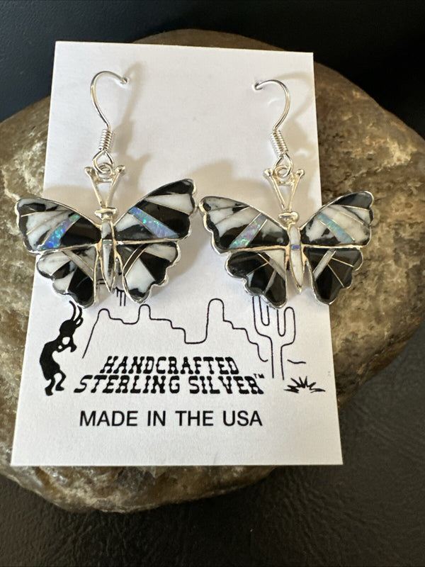 White Buffalo Turquoise Opal Onyx ButterFly Earrings | Sterling Silver | Authentic Native American Handmade | 18553