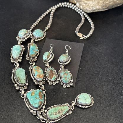 Sterling ROYSTON LARIAT Necklace 26” Women Navajo Turquoise Silver Earring 19598