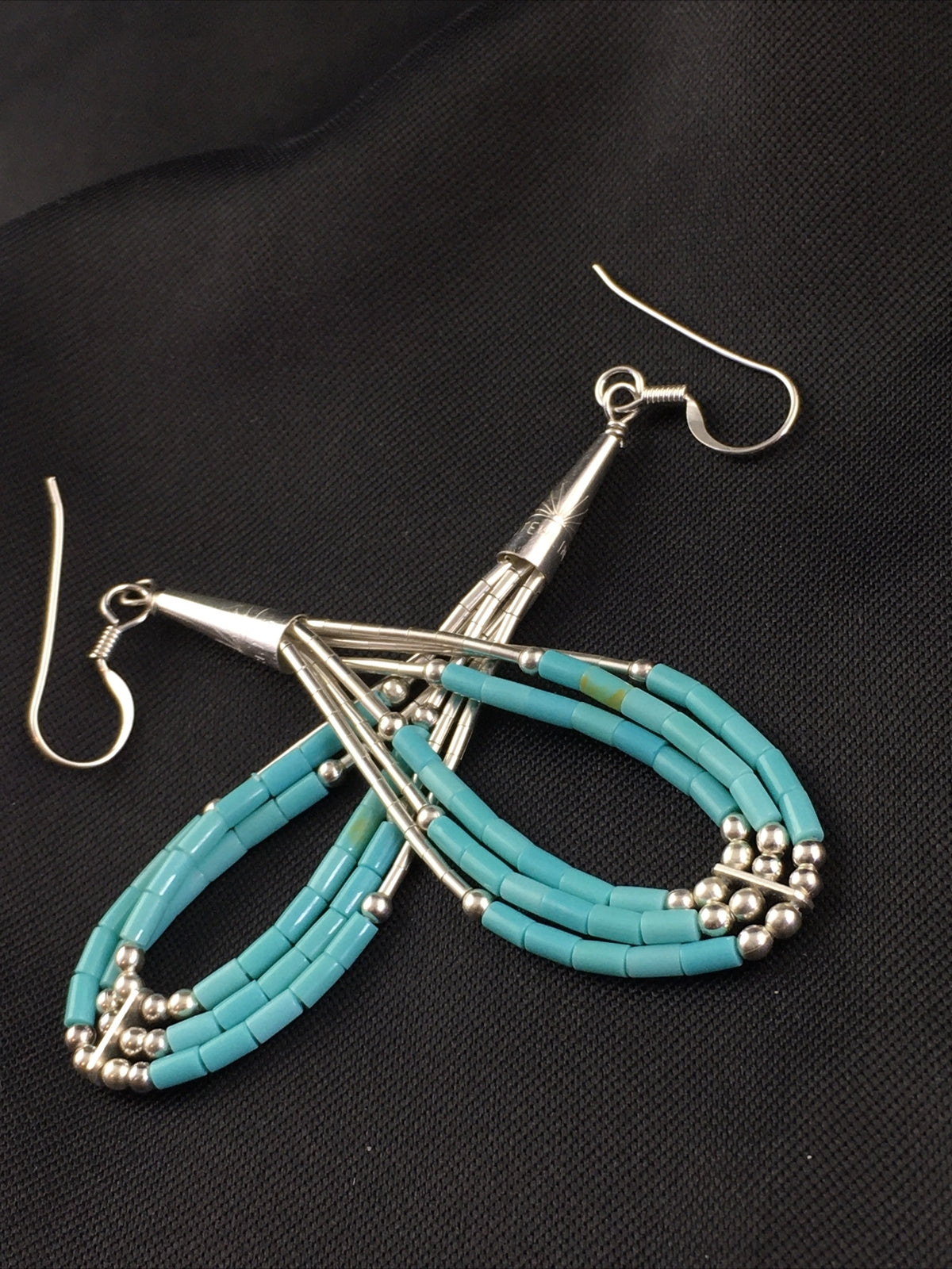 Blue Turquoise 3 Strands Heishi Liquid Sterling Silver Dangle Earrings 01969