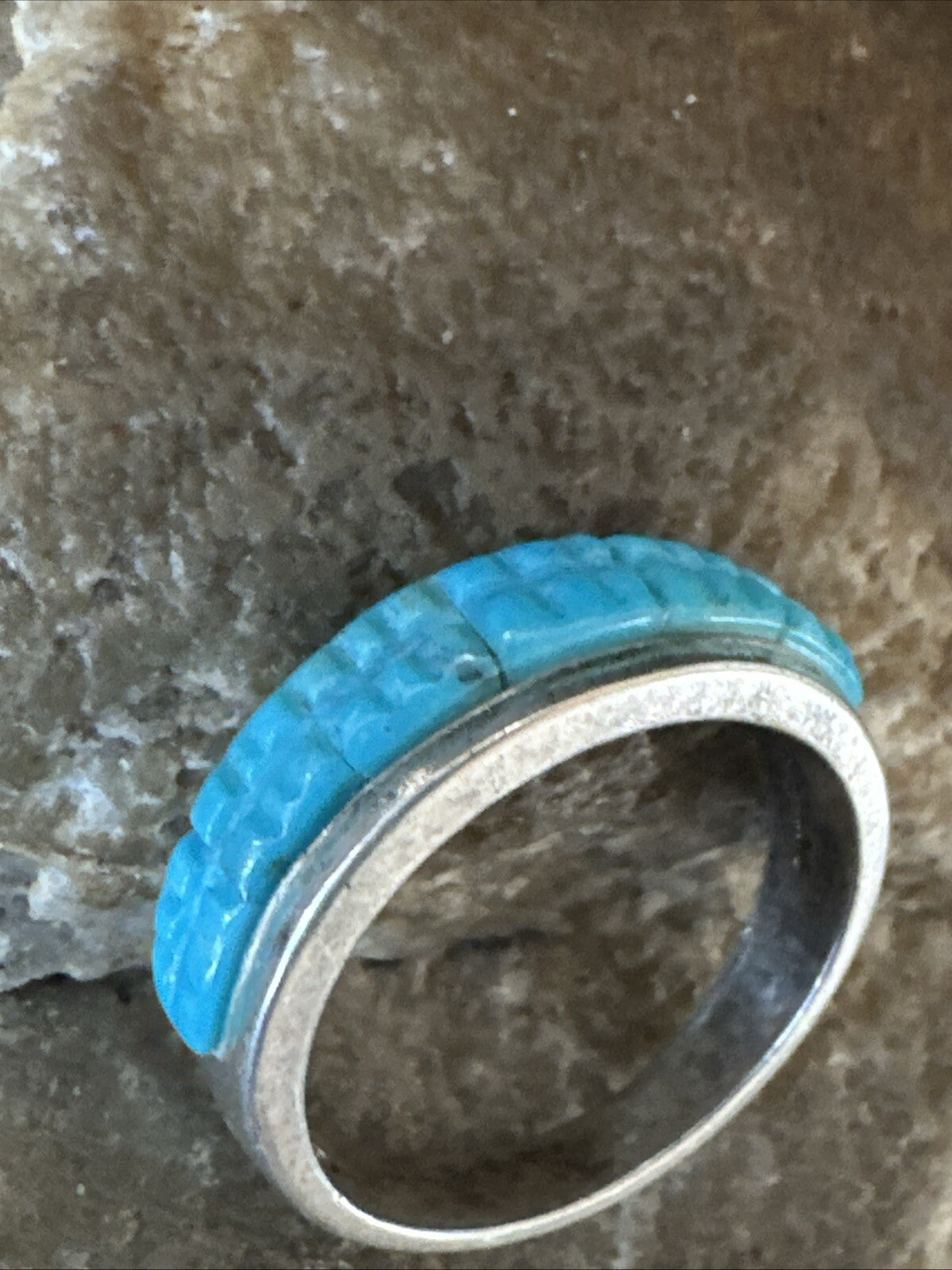 Blue Turquoise Navajo Sterling Silver Corn Inlay Band Ring Size 8.5 18815