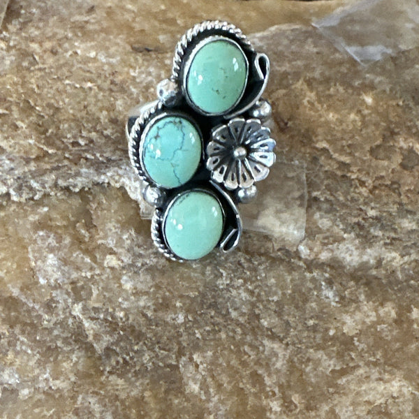 Yazzie Ring Green Turquoise Navajo Cluster Size 9 | Sterling Silver | Authentic Native American Handmade | 19216