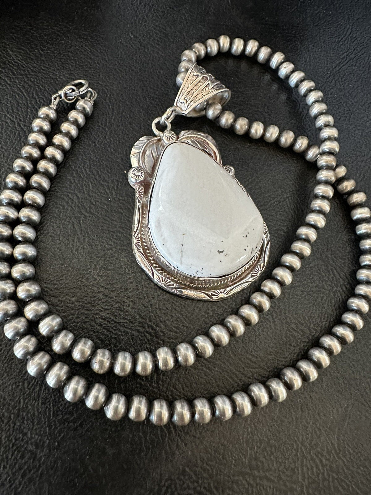 Mens White Buffalo Turquoise Pendant Sterling Silver Beads Necklace 18310