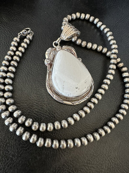 Mens White Buffalo Turquoise Pendant Sterling Silver Beads Necklace 18310