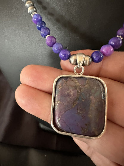 Purple Stone Turquoise Pendant Pearls Sterling Silver Necklace 18385