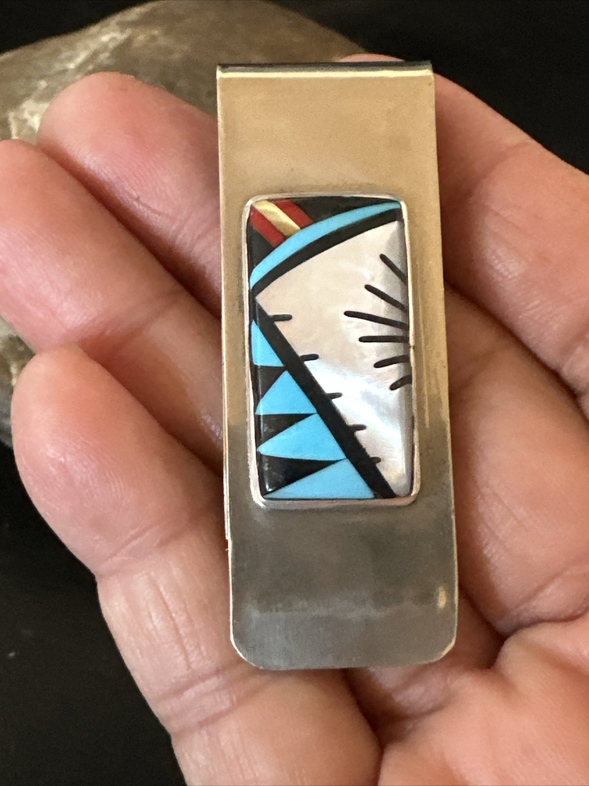 A Zuni Mens Turquoise Spiny Inlay Stainless Sterling Silver Money Clip 17834
