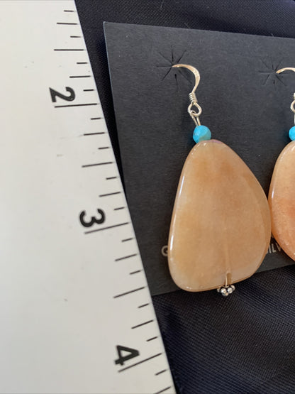 Womens Navajo Tan Jasper Blue Turquoise Sterling Silver Earrings 2" 13101