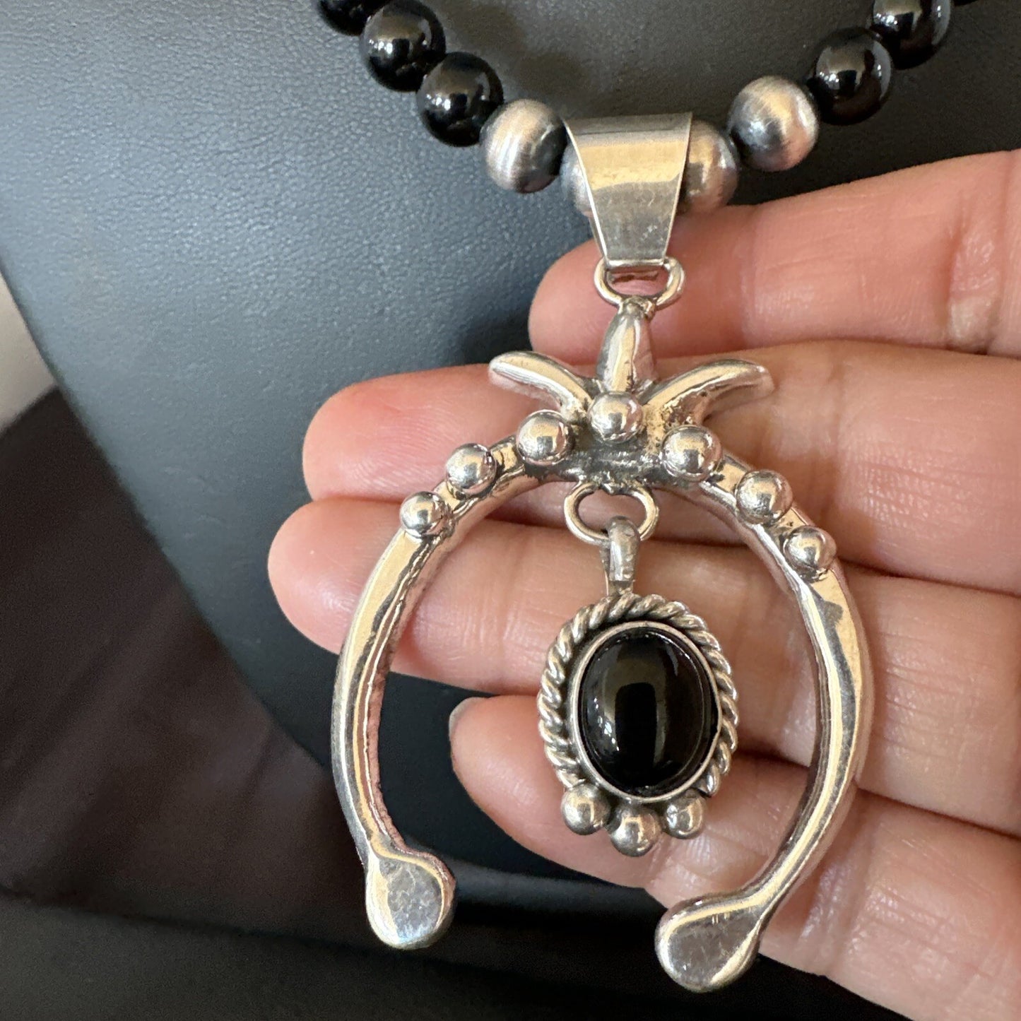 Mens Black Onyx Naja Pendant Navajo Pearls Sterling Silver Necklace 23” 17686