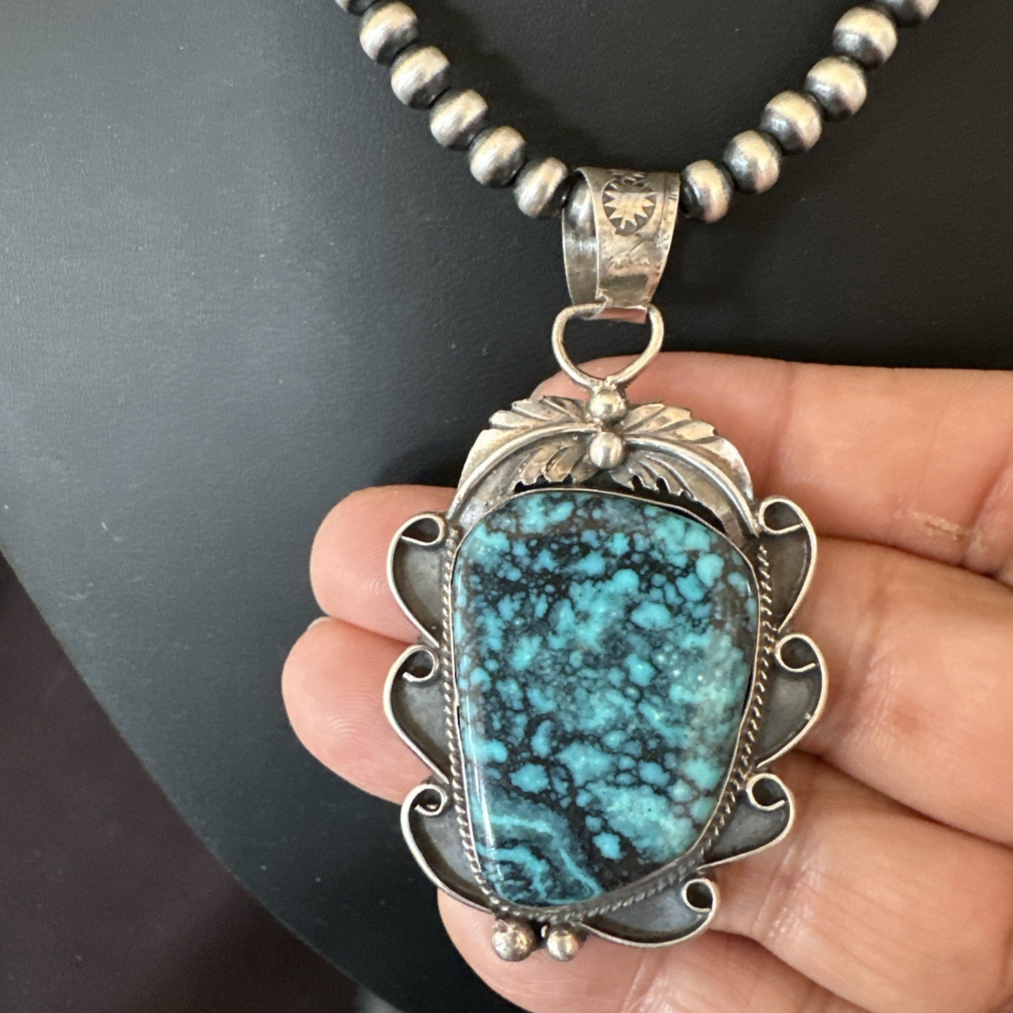 WoMens Blue Spiderweb Turquoise Pendant Navajo Sterling Silver Necklace 19298