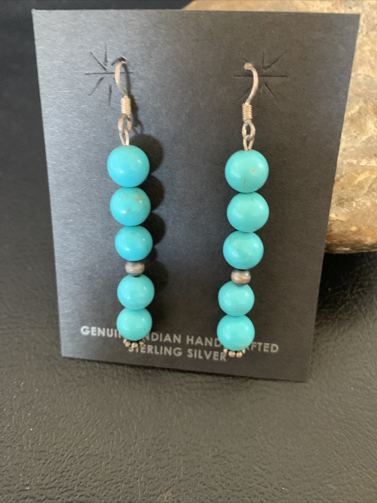 Blue Turquoise Earrings Native American Sterling Silver Bead 2" 13046