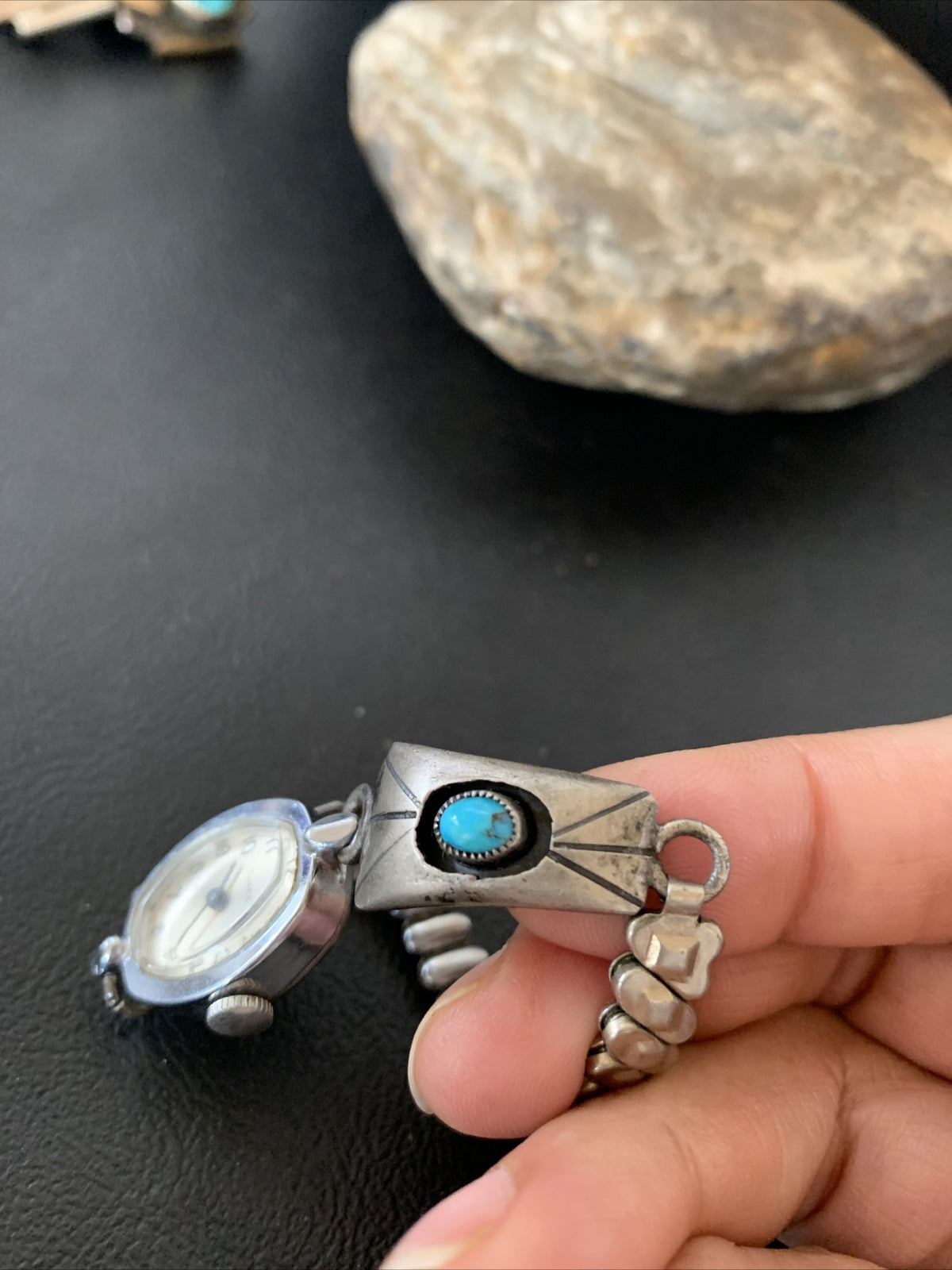 Turquoise Navajo Sterling Silver Old Pawn Shadowbox Watch Tips 01449