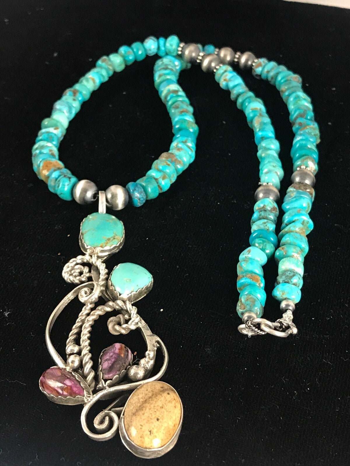 Blue Turquoise, Spiny Oyster Pendant Navajo Pearls Sterling Silver Necklace 8487