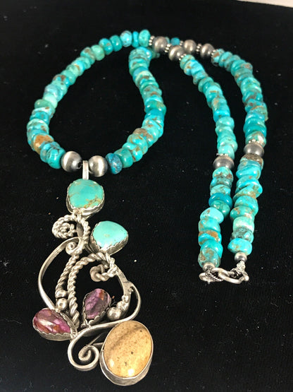 Blue Turquoise, Spiny Oyster Pendant Navajo Pearls Sterling Silver Necklace 8487