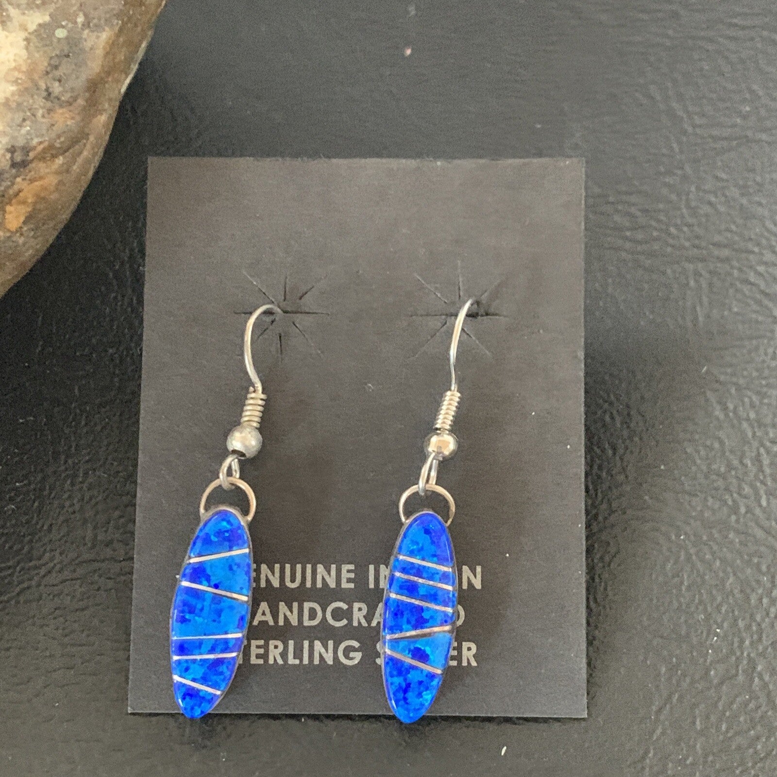 Womens Blue Opal Inlay Navajo Sterling Silver Dangle Earrings 12838