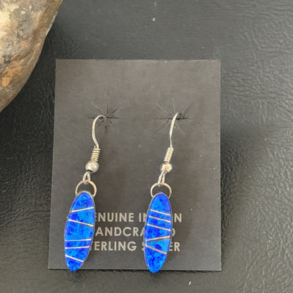Womens Blue Opal Inlay Navajo Sterling Silver Dangle Earrings 12838