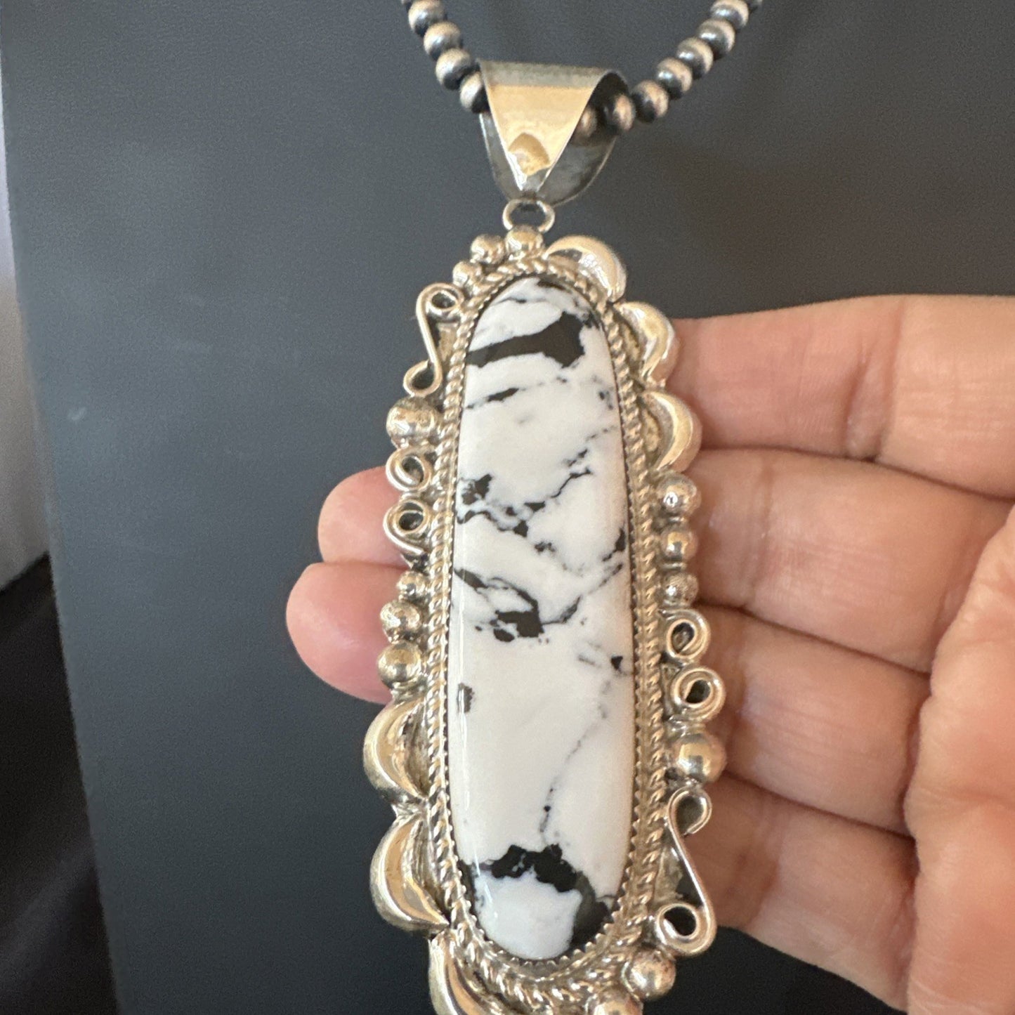 XXL White Buffalo Turquoise Pendant Navajo Sterling Silver Necklace 4" 19759