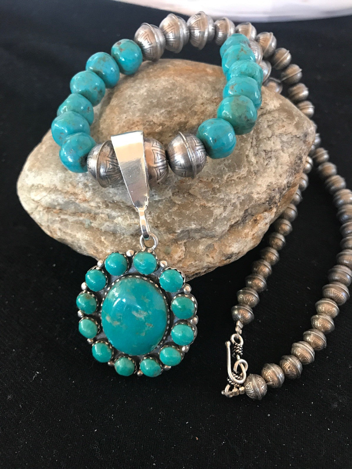 Navajo Pearls Kingman Beads Turquoise Sterling Silver Necklace Pendant 01223