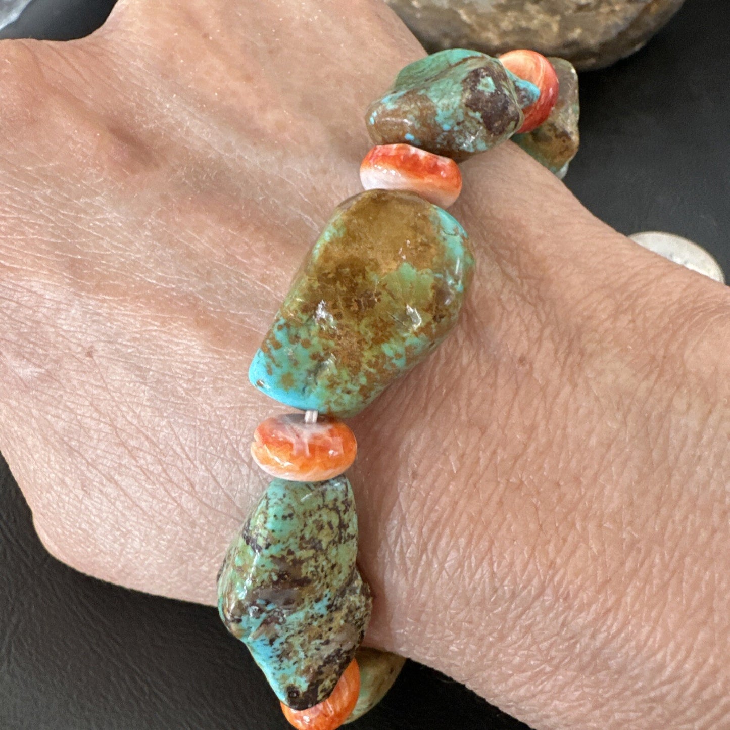 Mens Womens Green Turquoise Spiny Stretch Stone Friendship Bracelet 7" 18862