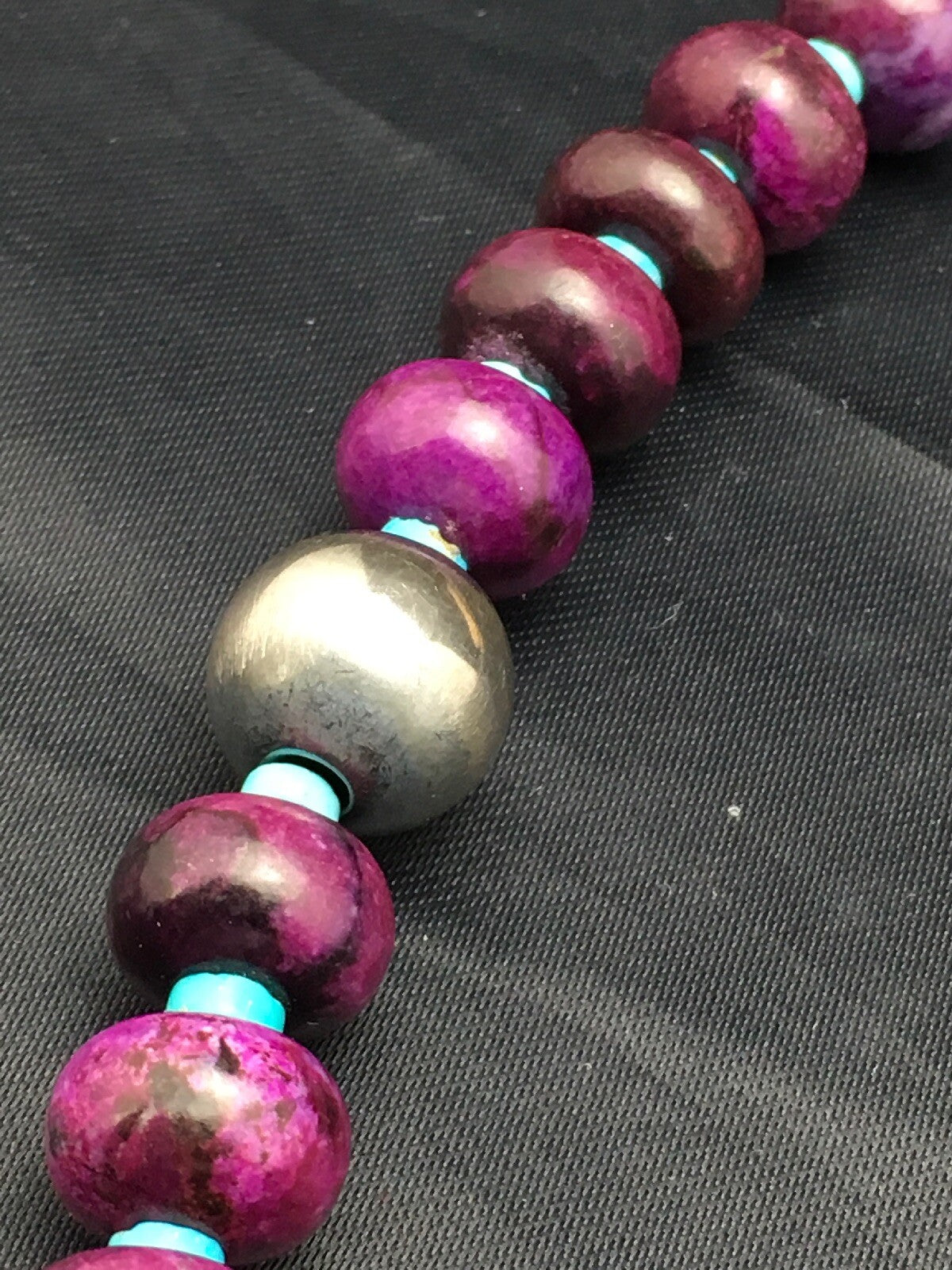 Purple Stone & Turquoise Bead Navajo Indian Sterling Necklace 27" 04061