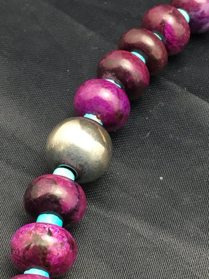 Purple Stone & Turquoise Bead Navajo Indian Sterling Necklace 27" 04061