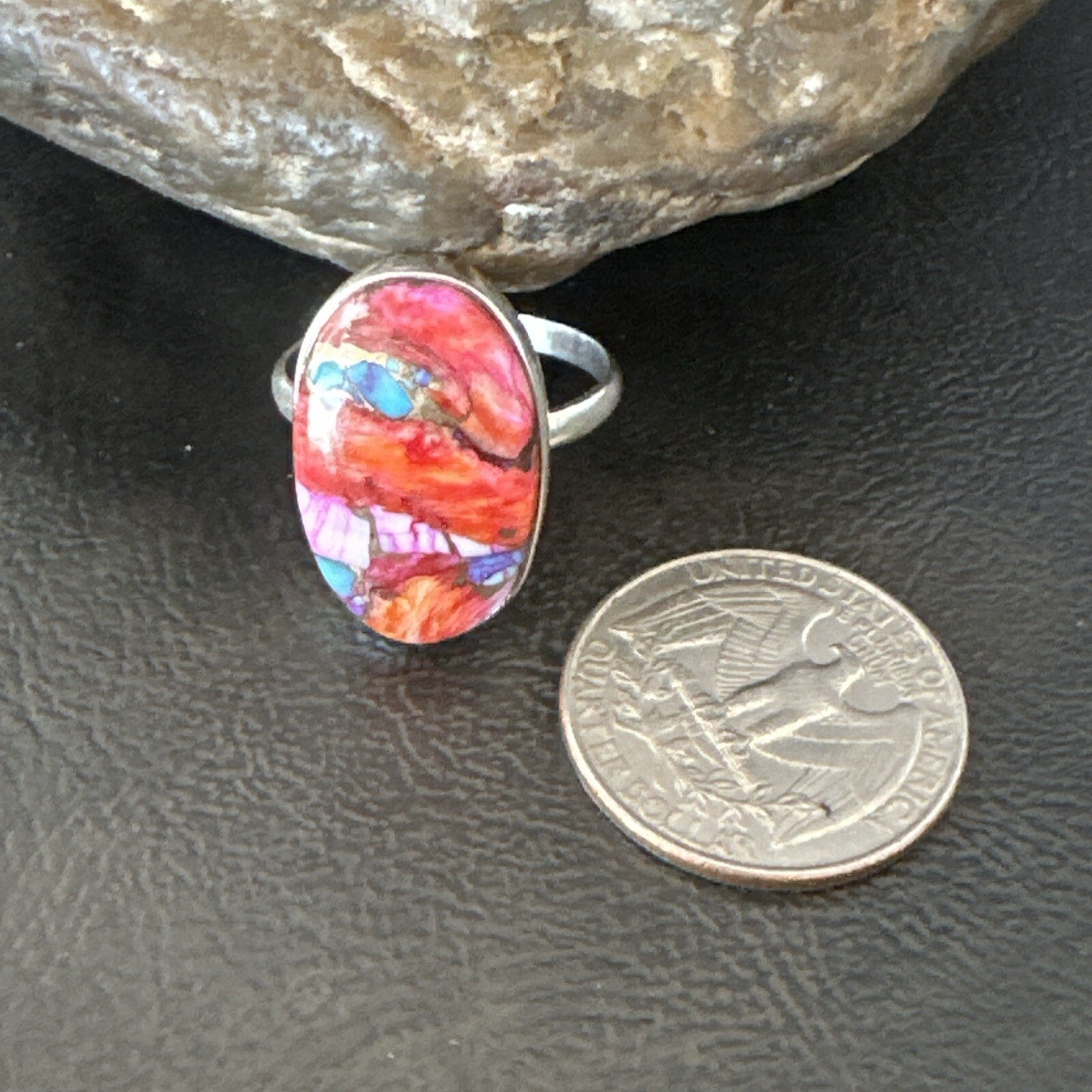 Blue Turquoise Spiny Oyster Southwestern Sterling Silver Ring Size 11 18447