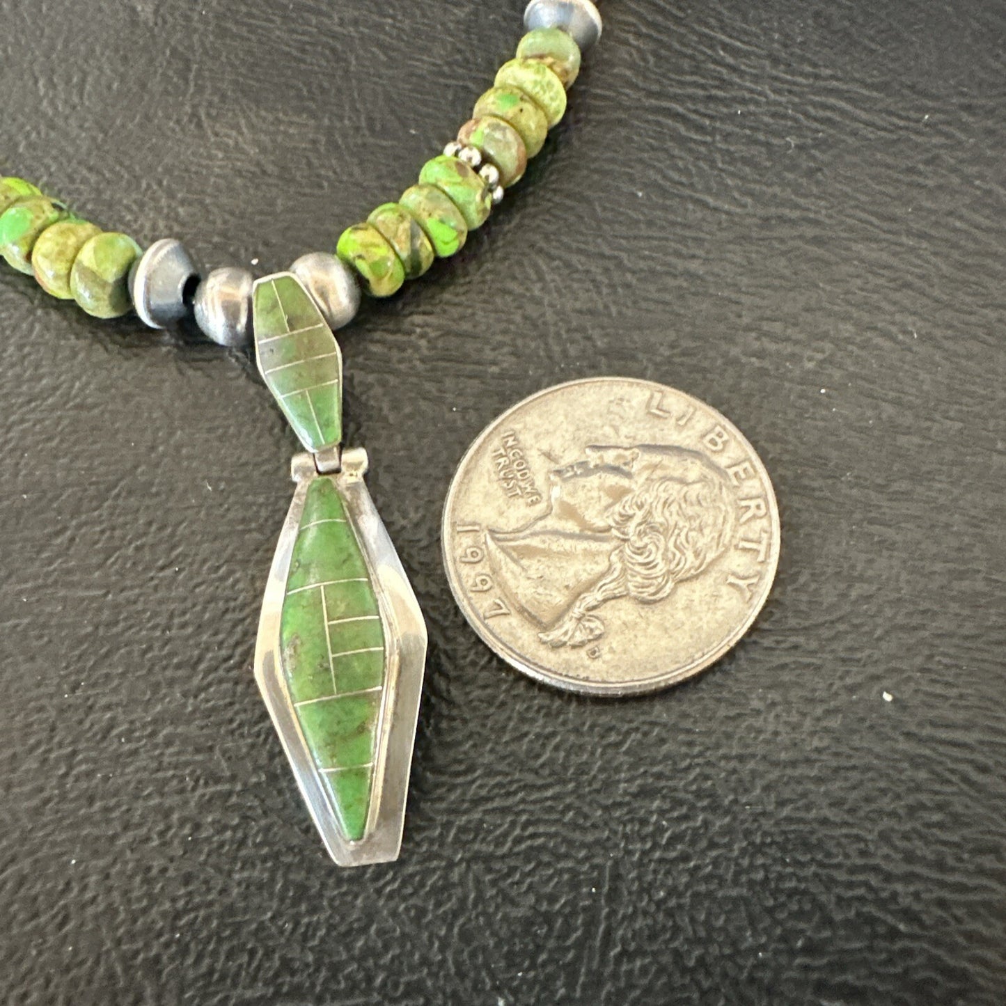 Womens Green Gaspeite Turquoise Pendant Navajo Sterling Silver Necklace 17881