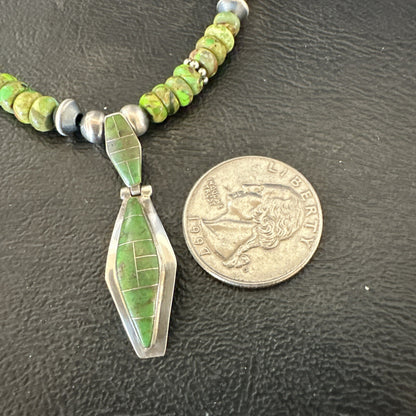 Womens Green Gaspeite Turquoise Pendant Navajo Sterling Silver Necklace 17881