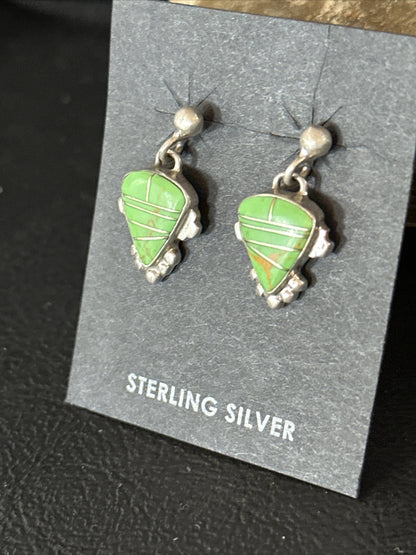 Green Gaspeite Navajo Sterling Silver Inlay 1" Earrings 14779