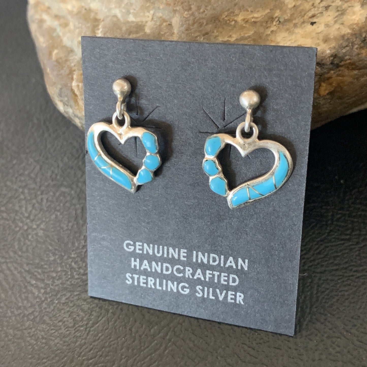 Blue Turquoise Heart Navajo Sterling Silver Dangle Post Earrings 0.5" 12717