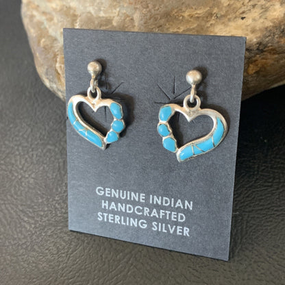 Blue Turquoise Heart Navajo Sterling Silver Dangle Post Earrings 0.5" 12717