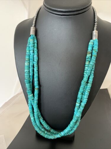 Navajo 3 Strand Turquoise Heishi Necklace Sterling Silver 24" 11776