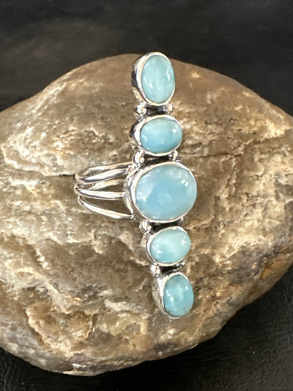 Women's Cluster Blue Larimar Navajo Ring Size 8.5 | Sterling Silver | Authentic Native American Handmade | 17677